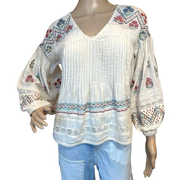 Anthropologie Kayla Top Size 2XS Boho Peasant Lace Embroidered Puff Sleeve Shirt - Picture 1 of 16